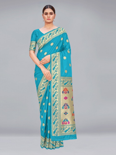 

MONJOLIKA FASHION Blue & Gold-Toned Woven Design Zari Silk Blend Paithani Saree