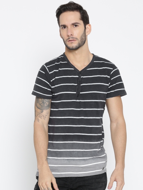 

Roadster Men Black & White Striped V-Neck T-shirt