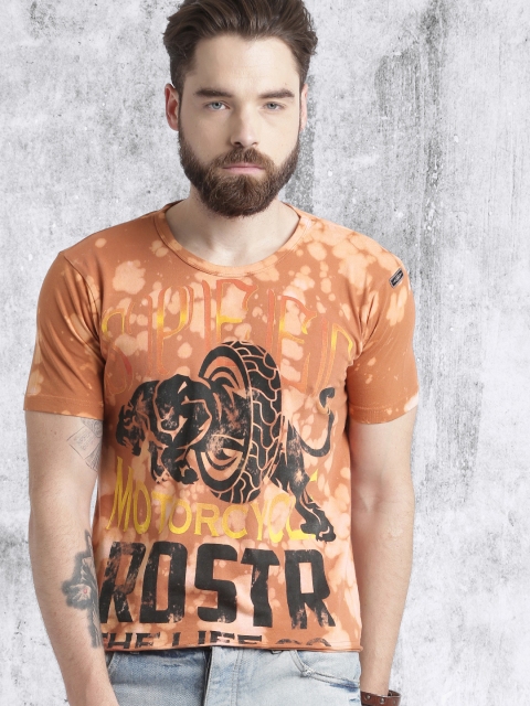 

Roadster Men Rust Orange Printed Round Neck T-shirt