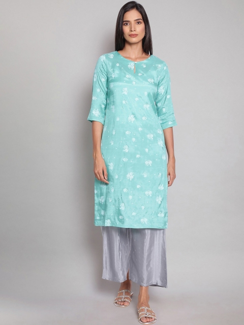 

W Women Blue Dyed Keyhole Neck Flared Sleeves Mirror Work Kurta