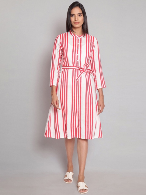 

W Women Beige Striped Flared Sleeves Mirror Work Kurta