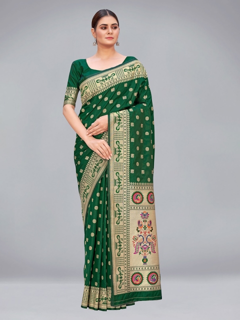 

MONJOLIKA FASHION Green & Golden Ethnic Motifs Zari Silk Blend Paithani Saree