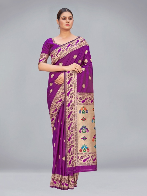 

MONJOLIKA FASHION Purple & Gold-Toned Ethnic Motifs Zari Banarasi Saree