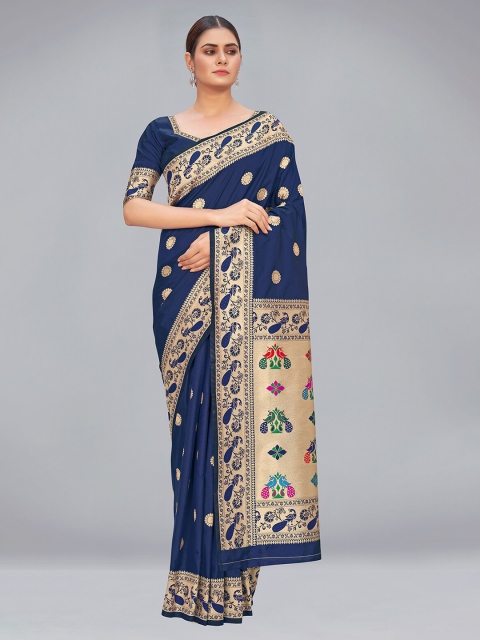 

MONJOLIKA FASHION Navy Blue & Golden Ethnic Motifs Zari Silk Blend Paithani Saree
