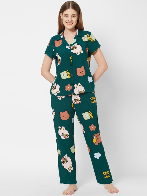 

SDL by Sweet Dreams Women Green & Multicoloured Printed Night suit
