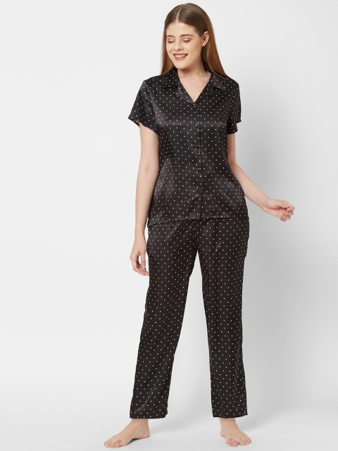 

SDL by Sweet Dreams Women Black Polka Dots Printed Satin Night suit