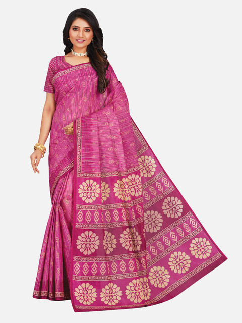 

SALWAR STUDIO Pink & Gold-Toned Ethnic Motifs Pure Cotton Heavy Work Saree