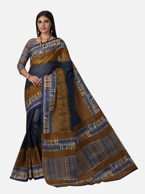 

SALWAR STUDIO Navy Blue & Mustard Ethnic Motifs Pure Cotton Saree