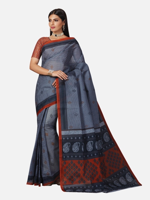 

SALWAR STUDIO Blue & Orange Ethnic Motifs Pure Cotton Saree