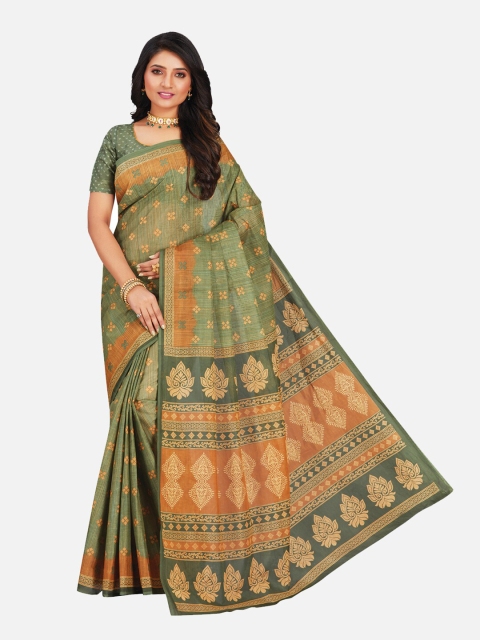 

SALWAR STUDIO Green & Brown Ethnic Motifs Pure Cotton Saree
