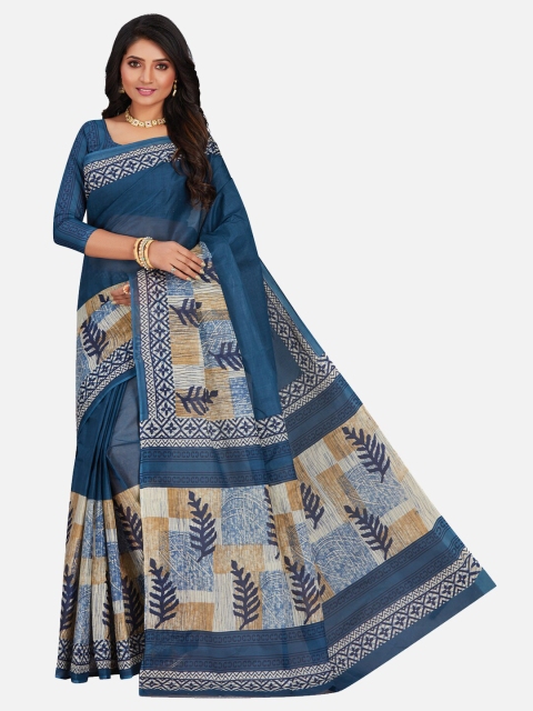 

SALWAR STUDIO Blue & Tan Floral Pure Cotton Saree