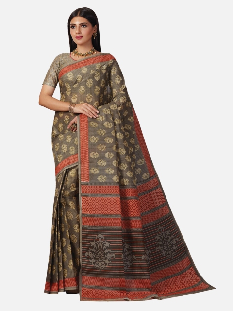 

SALWAR STUDIO Grey & Red Ethnic Motifs Pure Cotton Saree