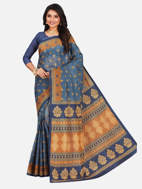 

SALWAR STUDIO Blue & Orange Ethnic Motifs Pure Cotton Saree