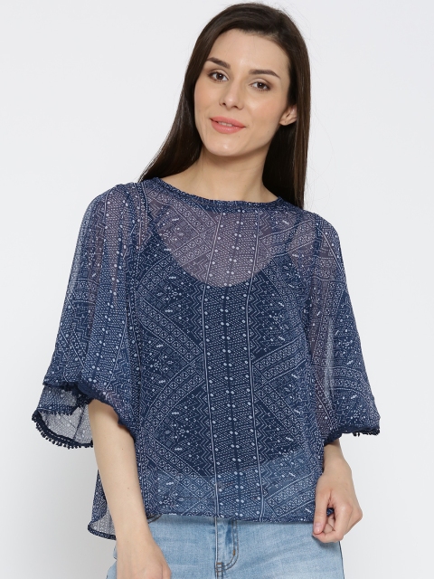 

Pepe Jeans Women Navy Printed Sheer Top, Navy blue