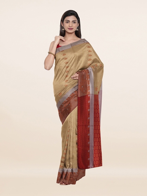 

Pothys Cream-Coloured & Red Paisley Zari Pure Silk Saree