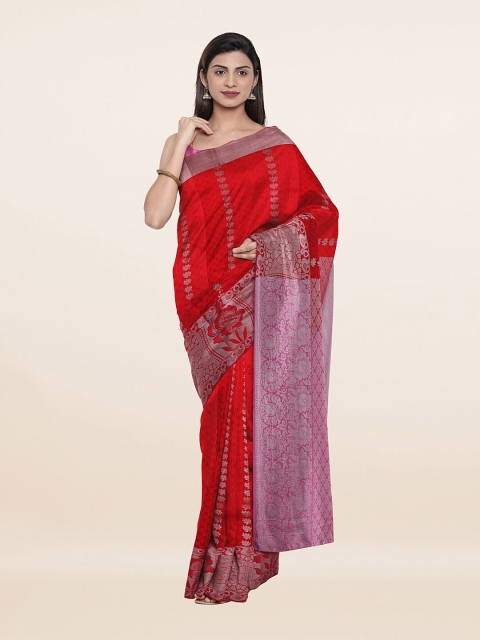 

Pothys Pink & Silver-Toned Woven Design Zari Pure Silk Saree