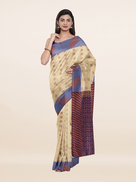 

Pothys Cream-Coloured & Blue Woven Design Zari Pure Silk Saree