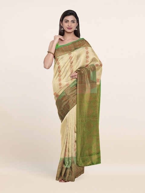 

Pothys Beige & Green Ethnic Motifs Zari Pure Silk Saree