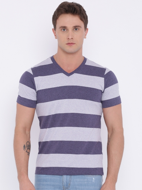 

American Crew Men Purple Striped Pure Cotton T-shirt