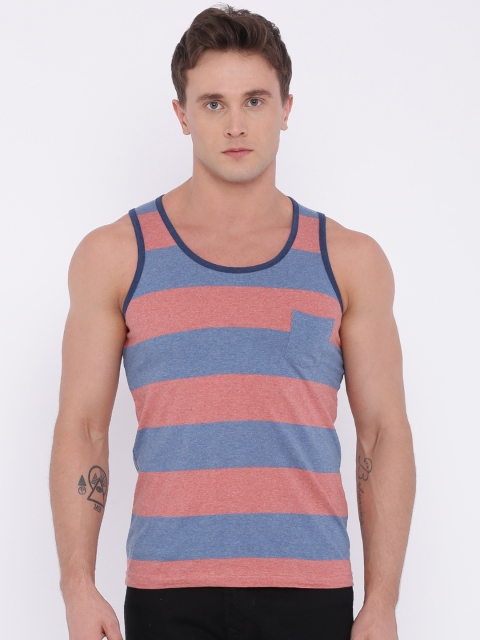 

American Crew Men Coral Pink & Blue Striped Sleeveless T-shirt