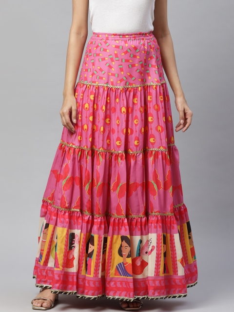 

YELLOW PARROT Women Pink & Mustard Yellow Printed Flared Maxi Skirt