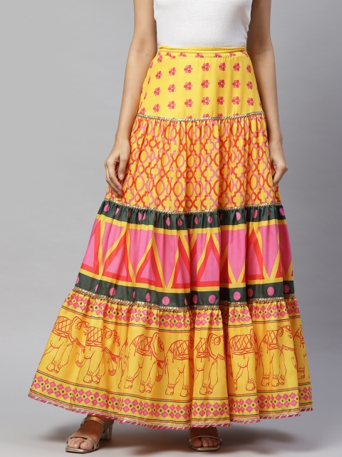 

YELLOW PARROT Women Yellow & Pink Printed Flared Maxi Skirt