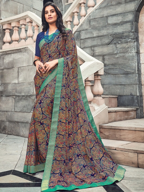 

Shaily Navy Blue & Green Ethnic Motifs Printed Saree