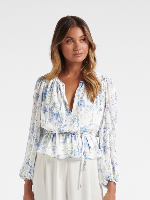 

Forever New White Print Cinched Waist Top
