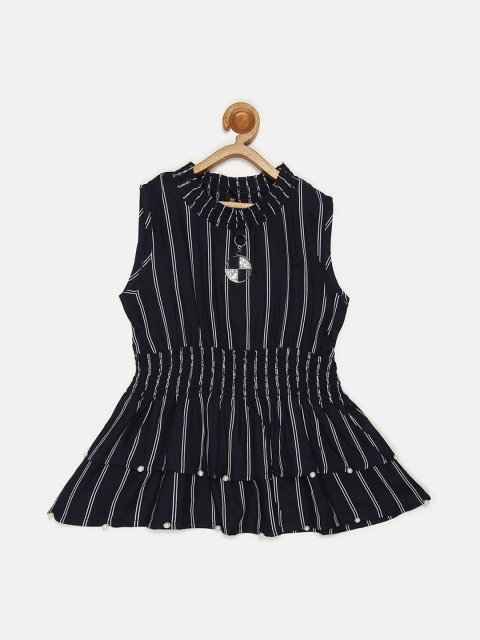 

V2 Value & Variety Blue Striped Tie-Up Neck Cinched Waist Top