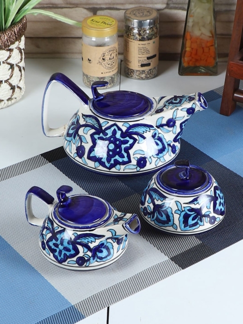 

CDI Set Of 3 Blue & White Printed Ceramic Matte Kettle With Milk & Sugar Pot