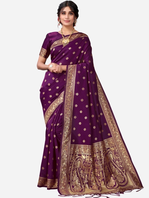 

Satrani Magenta & Gold-Toned Woven Design Zari Kanjeevaram Saree