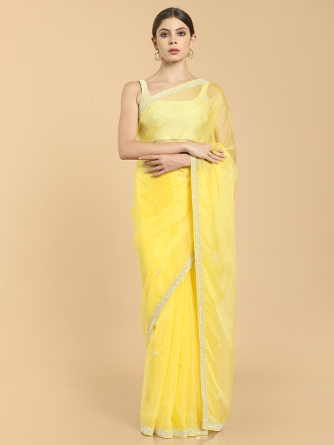 

Soch Yellow & Gold-Toned Embellished Organza Saree