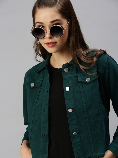 

SHOWOFF Women Green Crop Denim Jacket with Patchwork