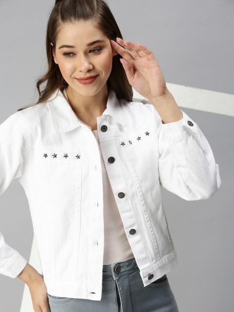

SHOWOFF Women White Solid Spread Collar Cotton Denim Jacket
