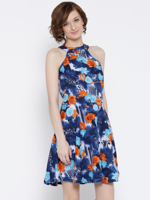 

U&F Women Navy & Orange Printed Fit & Flare Dress, Navy blue