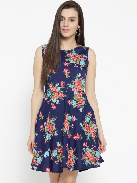 

U&F Women Blue & Coral Pink Floral Print Fit & Flare Dress