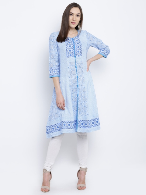 

Rangriti Women Blue & White Printed A-Line Kurta
