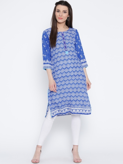

Rangriti Women Blue & White Printed Straight Kurta