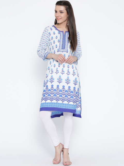

Rangriti Women White & Blue Printed Straight Kurta