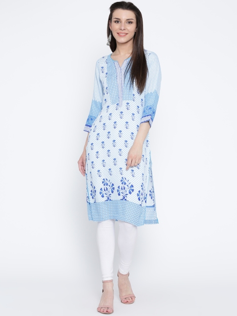 

Rangriti Women Blue & White Printed Straight Kurta