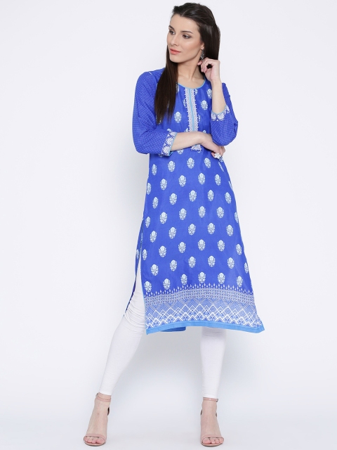 

Rangriti Women Blue & White Printed Straight Kurta