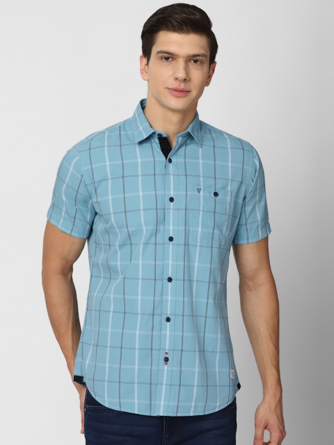 

VAN HEUSEN DENIM LABS Men Blue Slim Fit Checked Pure Cotton Casual Shirt