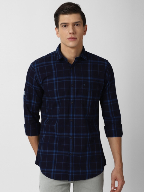 

VAN HEUSEN DENIM LABS Men Navy Blue Slim Fit Tartan Checked Cotton Casual Shirt