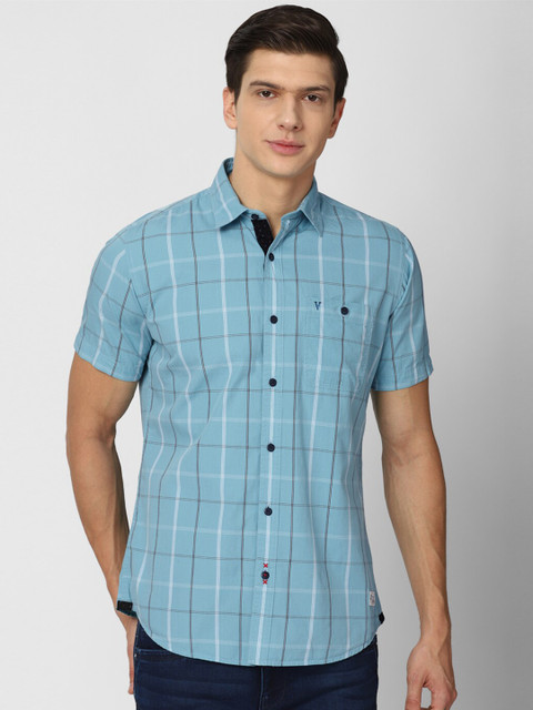 

VAN HEUSEN DENIM LABS Men Blue Slim Fit Windowpane Checks Cotton Casual Shirt