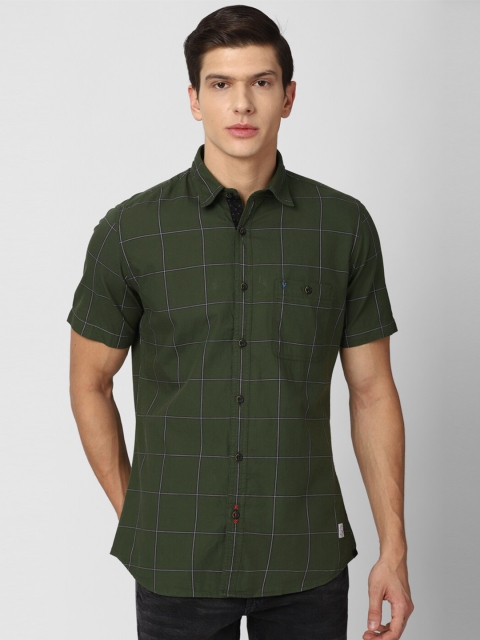 

VAN HEUSEN DENIM LABS Men Olive Green Slim Fit Windowpane Checks Checked Casual Shirt