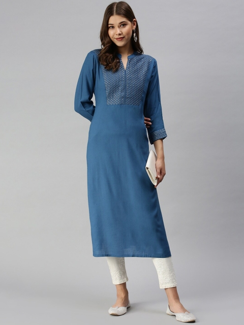 

SHOWOFF Women Lime Green Geometric Embroidered Flared Sleeves Thread Work Kurta