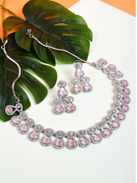 

STEORRA Pink Stones Embellished AD-Studded Jewellery Set