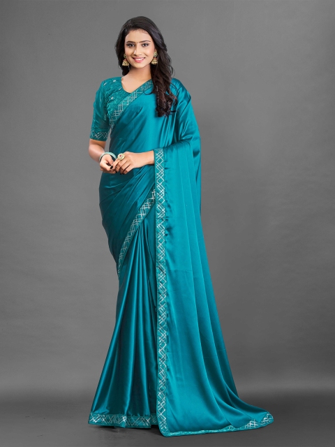 

Zombom Blue Embroidered Satin Fusion Banarasi Saree
