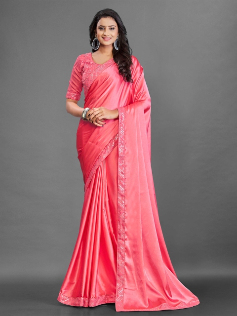 

Zombom Pink Embroidered Satin Fusion Banarasi Saree