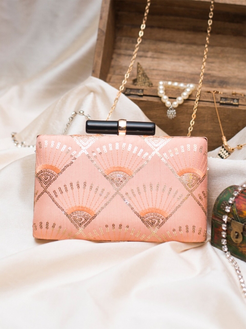 

ARTKLIM Peach-Coloured & Gold-Toned Embellished Box Clutch